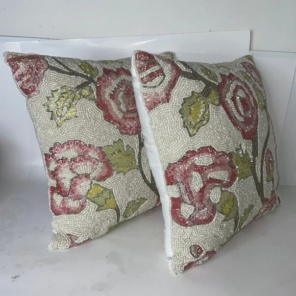 PRIMROSE VINTAGE Set of 2 Floral Pink Rose Beaded 12” Throw Decorative Pillows - Picture 2 of 15